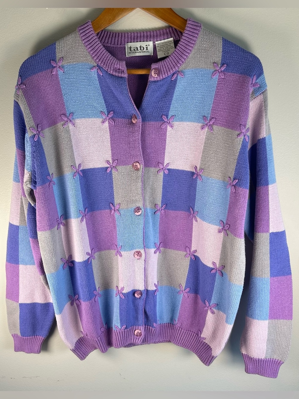 Vintage Tabi International Womens Button Up Cardigan L Purple Plaid Flower Knit
